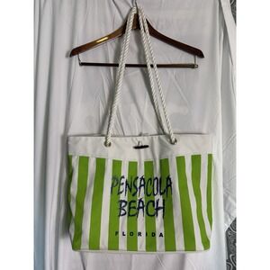 Pensacola Beach Florida Green White Striped Beach Bag 19" X 13"